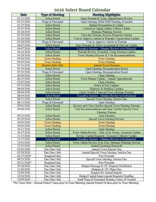 2026 Select Board Meeting Calendar